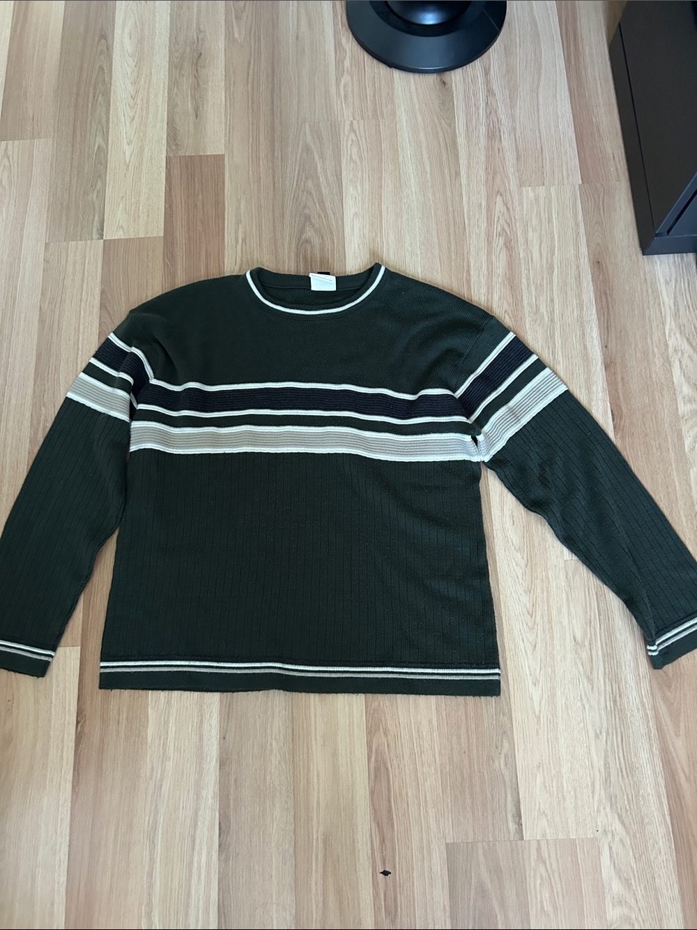 Men's Forest Green Crewneck Sweater with Contrast Stripes